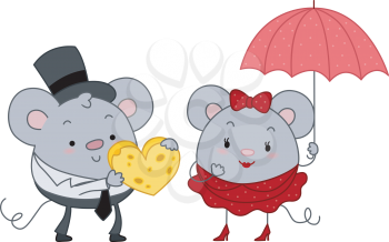Royalty Free Clipart Image of a Male Mouse Giving a Female Mouse Heart-Shaped Cheese