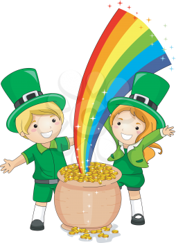 Royalty Free Clipart Image of Children at a Pot of Gold With a Rainbow at the Top