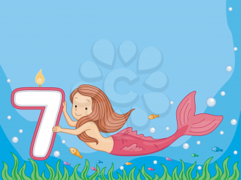 Royalty Free Clipart Image of a Mermaid Holding a Birthday Candle for a Seven Year Old