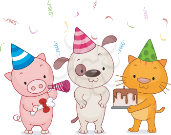 Royalty Free Clipart Image of Animals Having a Birthday Party