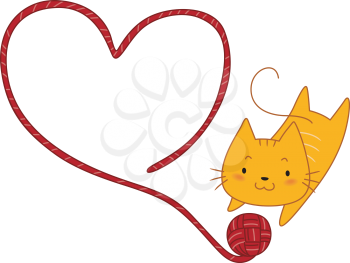 Royalty Free Clipart Image of a Cat Playing With a Ball of Yarn
