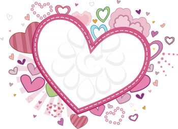 Royalty Free Clipart Image of a Stitched Heart Surrounded by Hearts