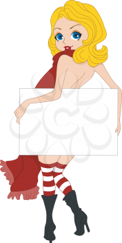 Illustration of a Pinup Girl Covering Herself with a Blank Board