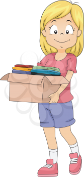 Illustration of a Girl Carrying a Donation Box Full of Clothes