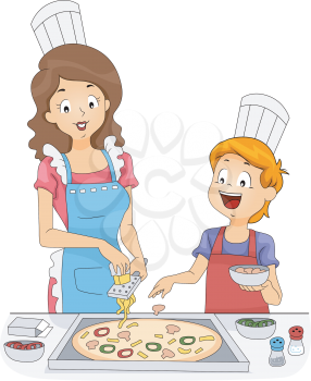 Illustration of a Woman and a Boy Making Homemade Pizza