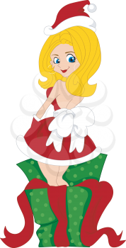 Illustration of a Pinup Girl Coming Out of a Gift Box