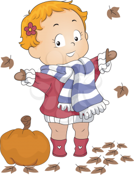 Illustration of a Baby Playing with Autumn Leaves