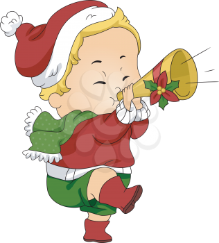 Illustration of a Baby Blowing a Christmas Trumpet