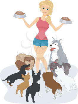 Illustration of a Woman Surrounded by Dogs