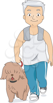 Illustration of an Old Man Taking His Dog for a Walk