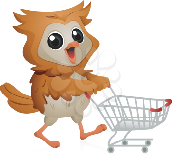 Illustration of an Owl Pushing a Shopping Cart