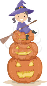 Illustration of a Kid Sitting on a Pile of Jack-o-Lanterns