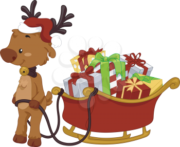 Illustration of a Reindeer Pulling a Sled Full of Gifts