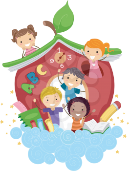 Illustration of Kids Playing in an Apple-Shaped School