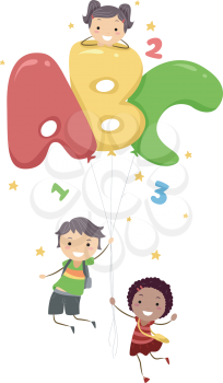 Illustration of Kids Playing with Letter-Shaped Balloons
