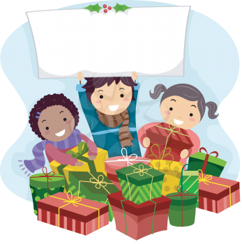 Illustration of Kids Opening Christmas Gifts