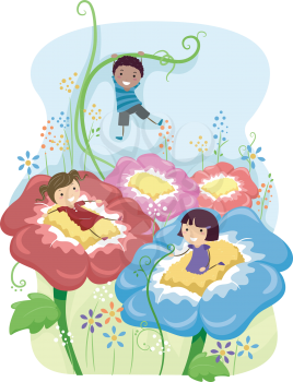 Illustration of Kids Playing Amongst Giant Flowers