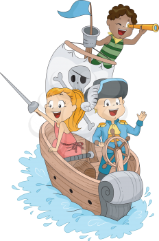 Illustration of Kids in a Pirate Ship