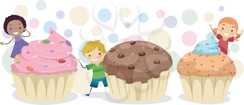 Illustration of Kids Playing Amongst Giant Cupcakes