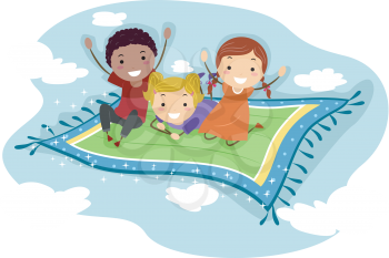 Illustration of Kids Riding a Flying Carpet