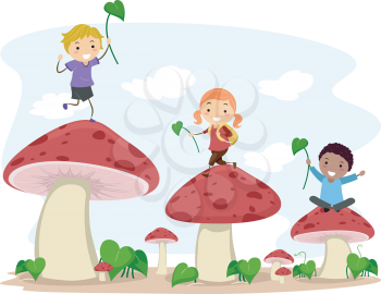 Illustration of Kids Hopping from One Mushroom to Another