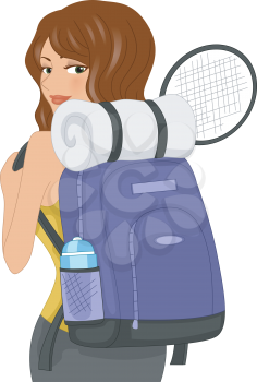 Illustration of a Girl Equipped with Sporting Bag, Water Bottle, Mat and Racket