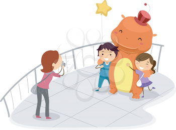 Illustration of Kids Having Their Pictures Taken with a Mascot