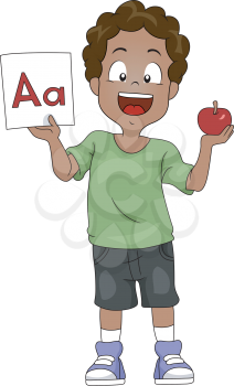 Illustration of a Kid Holding an Apple and a Flashcard