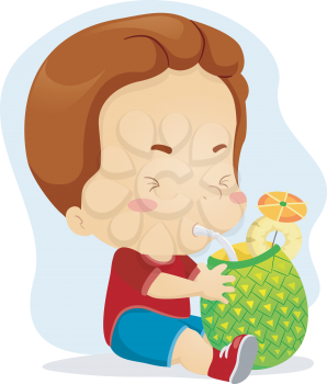 Illustration of a Kid Sipping Pineapple Juice