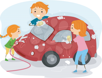 Illustration of a Family Washing Their Car