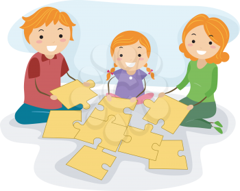 Illustration of a Family Solving a Jigsaw Puzzle Together