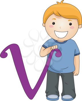 Illustration of a Kid Standing Beside a Letter V