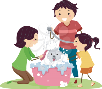 Illustration of a Family Giving Their Dog a Bath
