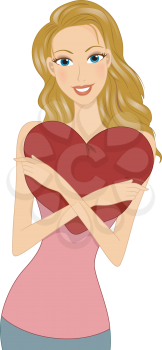 Illustration of a Girl Holding a Heart-shaped Pillow