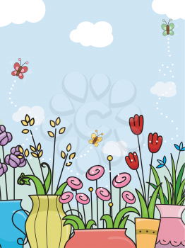 Background Illustration Featuring Coloful Flowers Planted in Vases and Pots