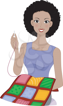 Illustration of a Girl Working on a Quilt