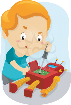 Illustration of a Kid Fixing His Robot