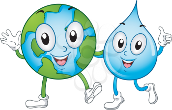 Illustration of World and Water Mascots Walking Together