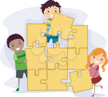 Illustration of Kids Solving a Giant Jigsaw Puzzle