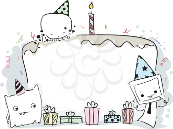 Royalty Free Clipart Image of a Birthday Cake Frame With Cute Little Monsters