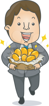 Royalty Free Clipart Image of a Man With a Basket of Golden Eggs