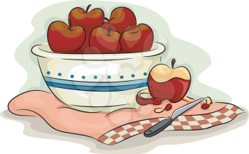 Illustration of Bowlful of Apples with a Peeled Apple on the Side