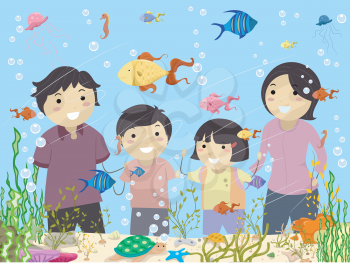 Illustration of Stickman Family Looking at an Aquarium in Oceanarium