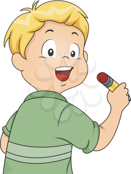 Back View Illustration of Little Kid Boy Holding a Pencil 