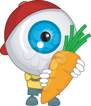 Illustration of An Eyeball Mascot with Red Cap Carrying a Carrot