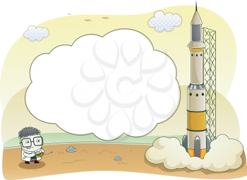 Background Illustration of Scientist Launching a Rocketship with Cloud Frame