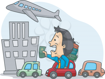 Illustration of a Man Stuck in Traffic and Late for His Flight