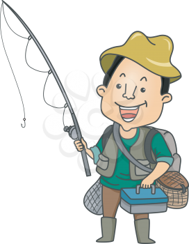 Illustration of a Man Holding a Fishing Rod and Carrying Other Fishing Equipment