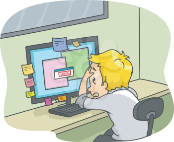 Illustration of a Frustrated Man Staring at a Computer Displaying an Error Message
