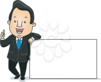 Illustration of a Businessman Leaning on a Signboard and Flashing a Thumbs Up
